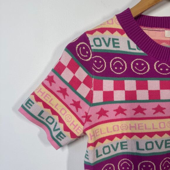 Debut Top Women M Purple Cropped Smily Face Sweater Kidcore Text Love Spring - Picture 4 of 5